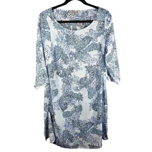 Jessica London Tunic Top Womens 12W Blue Paisley 3/4 Sleeve Scoop Neck
